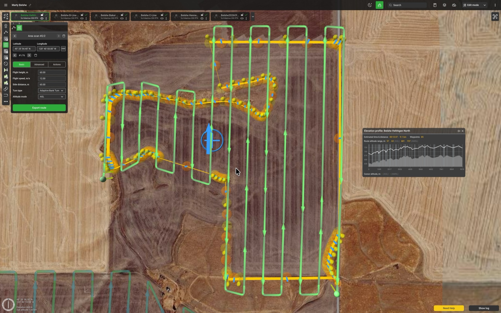 Flight-planning software auto-building the drone's serpentine flight path over a field, with waypoints, flight settings, and an elevation profile showing estimated time and distance