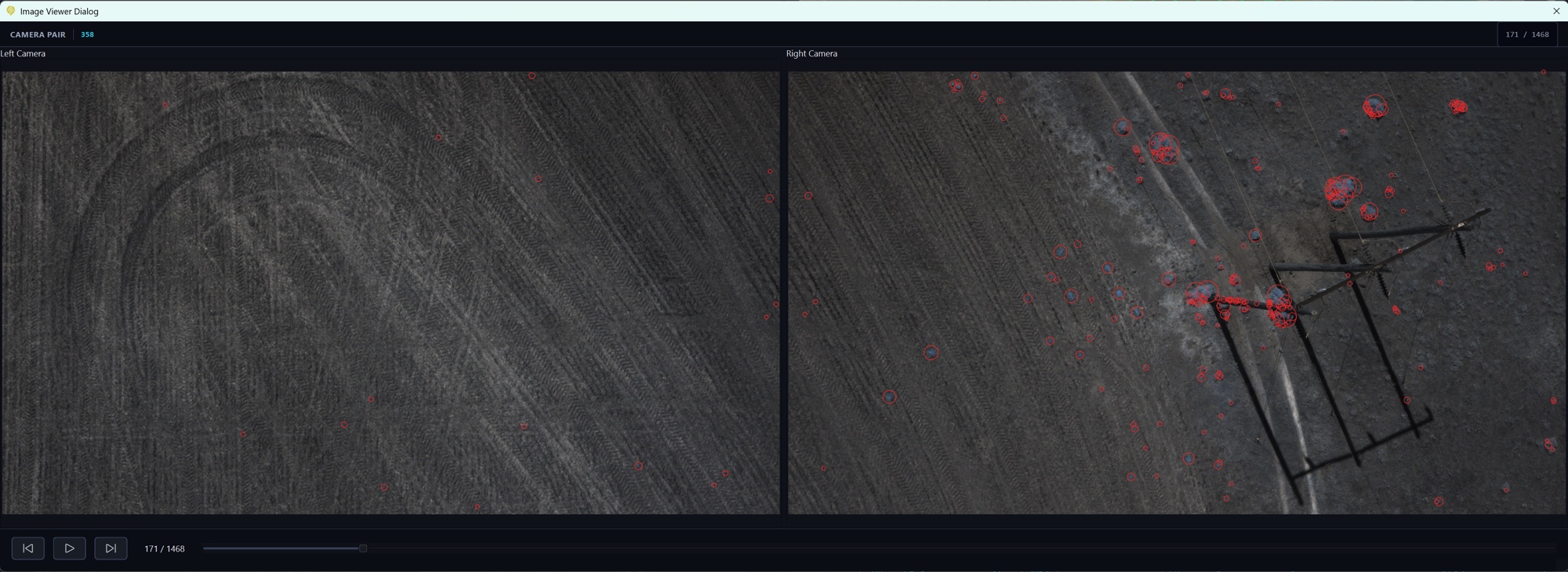 Stereo left and right camera views from the Agcopter sensor, with individual weeds circled by the detection software on bare stubble