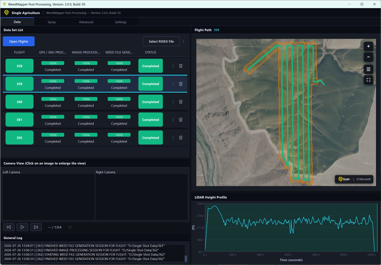 WeedMapper post-processing software showing flights processed on the laptop with flight paths and LiDAR height profile