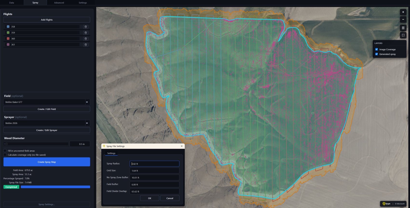 WeedMapper software turning drone flights into a prescription spray map, with adjustable weed diameter and coverage readout